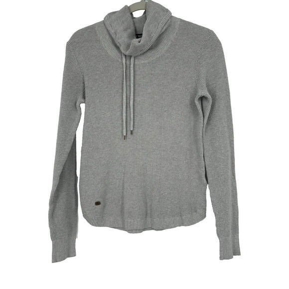 LRL Lauren Ralph Lauren Gray Waffle Knit Sweater Top Funnel Neck Drawstring Sz M - Picture 1 of 10